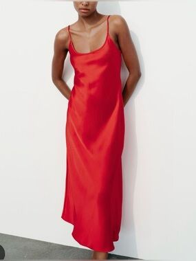 Zara Red Satin Maxi Slip Dress Open Back NWT